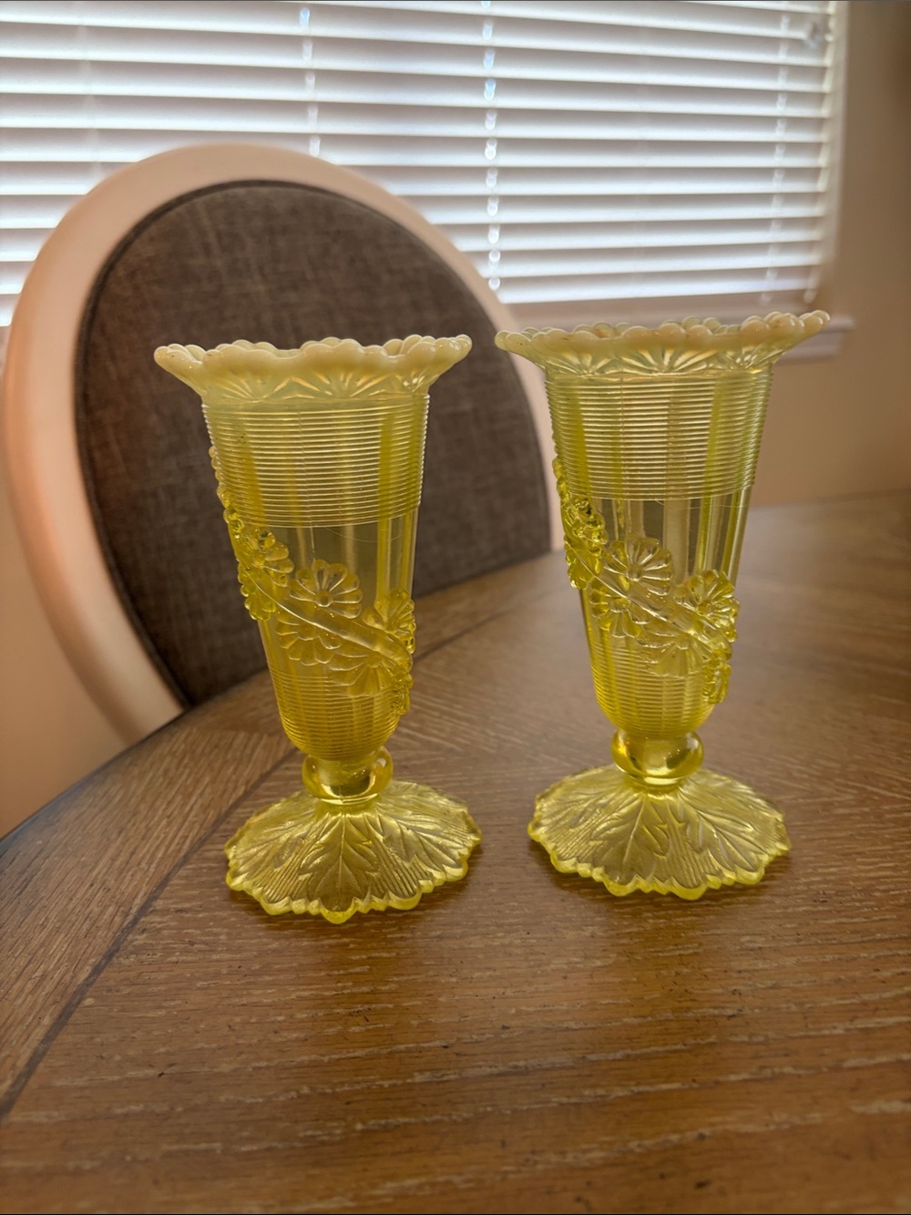 These are antique Northwood vases. They are uranium glass from around 1899.